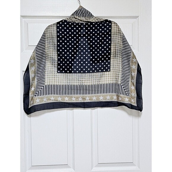 TALBOTS Vintage Lightweight Navy Blue Polka Dot Stripes & Stars Square Scarf 30" - Picture 3 of 6